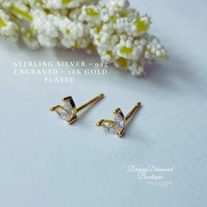 18k Gold Plated 925 Sterling Silver Dainty Dolphin Tail Stud Earrings - Gold and White Crystal, Simple Cute Small Gift for Her