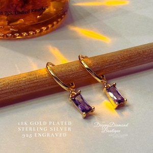 18k Gold Plated 925 Sterling Silver Dainty Rectangular Huggie Hoop Earrings - Purple Crystal Minimalistic Style Geometric Gift for Her