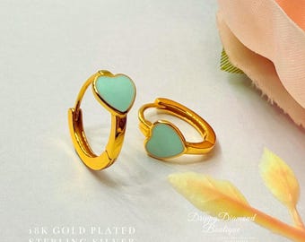 18k Gold Plated Sterling Silver Huggie Hoop Earrings Blue Heart Stone, Gold Earring Vintage Style Fine Heart Style Waterproof Jewellery Gift