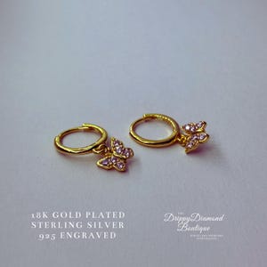 18k Gold Plated 925 Sterling Silver Dainty Butterfly Crystal Pendant - Huggie Hoop Earrings White Zircon Crystals Fine Style Jewellery Gift