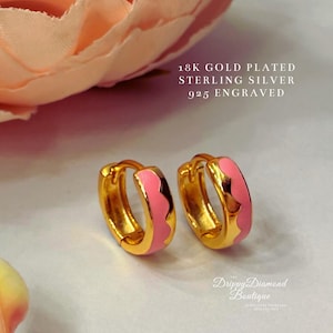 18k Gold Plated 925 Sterling Silver Thick Huggie Hoop Earrings - Waterproof Pink Geometric Minimalistic Style Geometric Gift for Her
