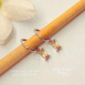 925 Sterling Silver Dainty Rectangular Huggie Hoop Dangle Earrings Amber Minimalistic Style Geometric Gift for Her Waterproof