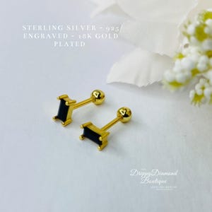 18k Gold Plated 925 Sterling Silver Dainty Stud Rectangular Earrings - Gold and Black Crystal, Minimalistic Style Geometric Gift