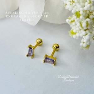 18k Gold Plated 925 Sterling Silver Dainty Stud Rectangular Earrings - Gold and purple Crystal, Minimalistic Style Geometric Gift
