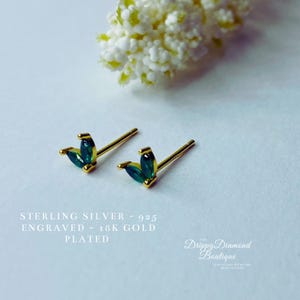 18k Gold Plated 925 Sterling Silver Dainty Dolphin Tail Stud Earrings - Gold and Green Crystal, Simple Cute Small Gift for Her