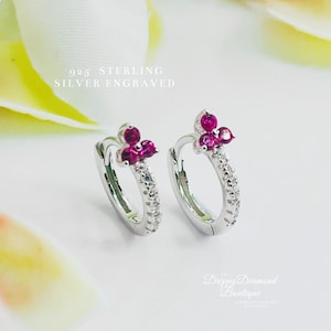 925 Sterling Silver Dainty Huggie Hoop Earrings - Pink and White Zircon Crystals - Fine Flower Style Jewellery Gift