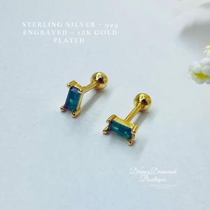 18k Gold Plated 925 Sterling Silver Dainty Stud Rectangular Earrings - Gold and Green Crystal, Minimalistic Style Geometric Gift