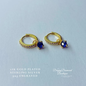 18k Gold Plated 925 Sterling Silver Dainty Dark Blue Sphere Drop Pendant Huggie Hoop Earring White Zircon Crystals Fine Style Jewellery Gift