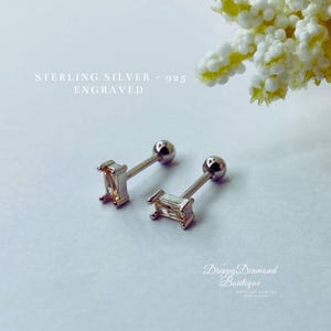 925 Sterling Silver Dainty Stud Rectangular Earrings - Silver and Orange Beige Crystal, Minimalistic Style Geometric Gift for Her
