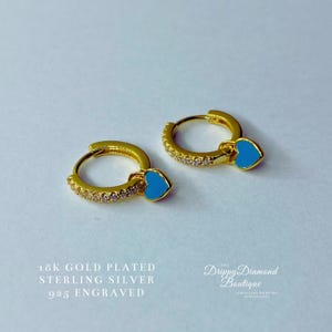 18k Gold Plated 925 Sterling Silver Dainty Heart Pendant Huggie Hoop Earrings - Blue and White Zircon Crystals - Fine Style Jewellery Gift
