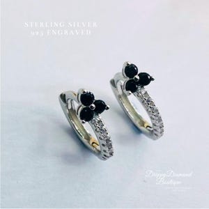 925 Sterling Silver Dainty Huggie Hoop Earrings - Black and White Zircon Crystals - Fine Flower Style Jewellery Gift