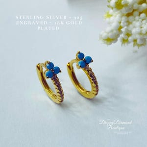 18k Gold Plated 925 Sterling Silver Dainty Huggie Hoop Earrings - Blue and White Zircon Crystals - Fine Flower Style Jewellery Gift