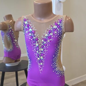 Peut inclure: Un justaucorps violet sans manches avec une encolure en V et des empi&egrave;cements en maille nude. Le v&ecirc;tement est richement orn&eacute; d'un d&eacute;grad&eacute; de cristaux transparents et violets dispos&eacute;s en un motif dense sur le devant et les c&ocirc;t&eacute;s.