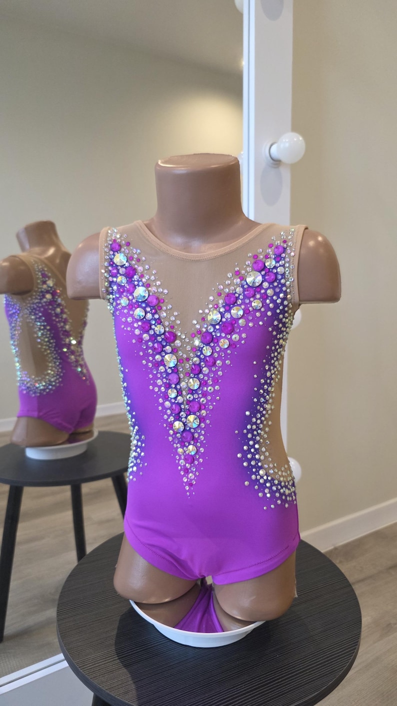 Peut inclure: Un justaucorps violet sans manches avec une encolure en V et des empi&egrave;cements en maille nude. Le v&ecirc;tement est richement orn&eacute; d'un d&eacute;grad&eacute; de cristaux transparents et violets dispos&eacute;s en un motif dense sur le devant et les c&ocirc;t&eacute;s.