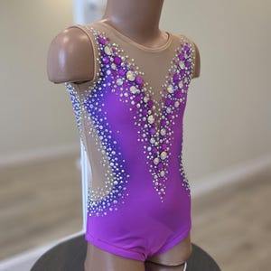 Peut inclure: Un justaucorps sans manches violet vif dot&eacute; d'une encolure en V profonde avec des empi&egrave;cements en maille nude. Le v&ecirc;tement est richement orn&eacute; de nombreux cristaux transparents et violets dispos&eacute;s en cascade sur le corsage et les c&ocirc;t&eacute;s.