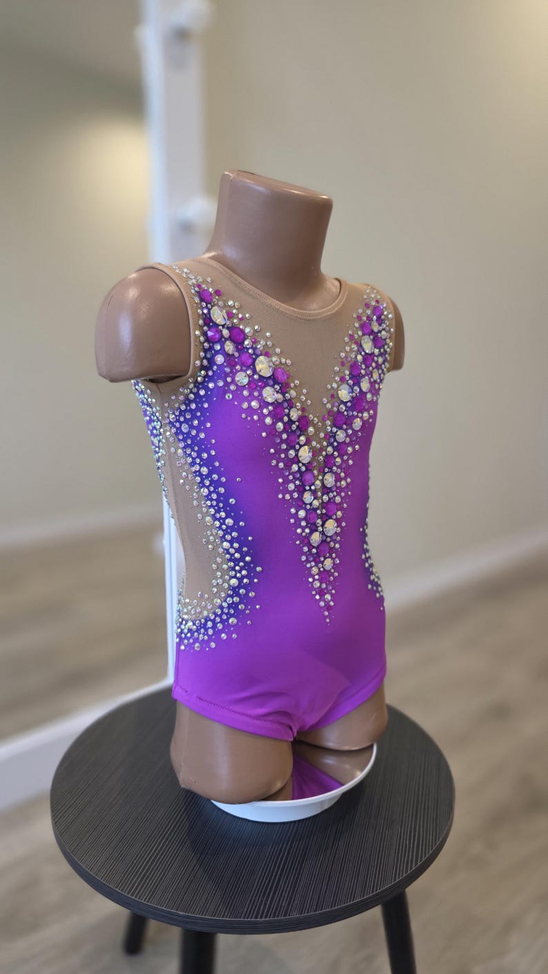 Peut inclure: Un justaucorps sans manches violet vif dot&eacute; d'une encolure en V profonde avec des empi&egrave;cements en maille nude. Le v&ecirc;tement est richement orn&eacute; de nombreux cristaux transparents et violets dispos&eacute;s en cascade sur le corsage et les c&ocirc;t&eacute;s.