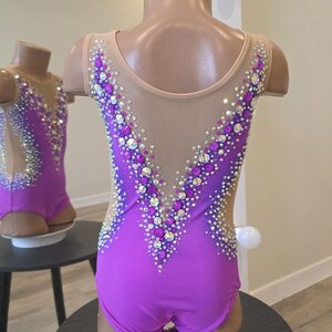 Peut inclure: Un justaucorps violet sans manches avec un dos en V et des empi&egrave;cements en maille beige transparente. Le v&ecirc;tement est orn&eacute; d'une dense disposition de strass &eacute;tincelants transparents et violets qui suivent l'encolure en forme de V.