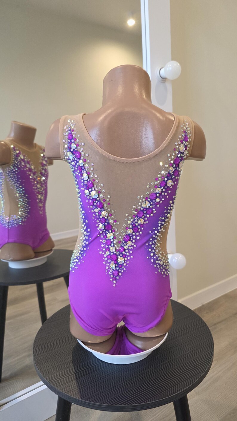 Peut inclure: Un justaucorps violet sans manches avec un dos en V et des empi&egrave;cements en maille beige transparente. Le v&ecirc;tement est orn&eacute; d'une dense disposition de strass &eacute;tincelants transparents et violets qui suivent l'encolure en forme de V.
