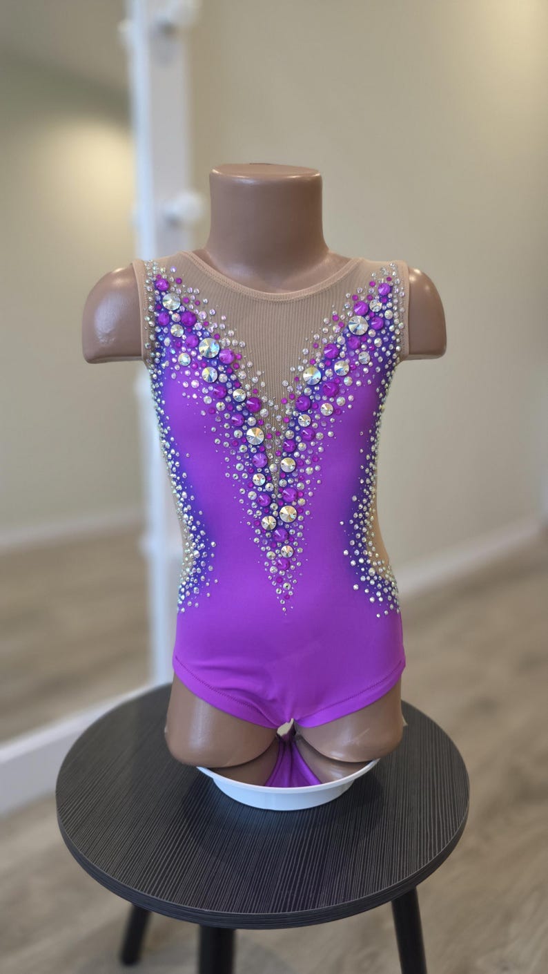 Peut inclure: Un justaucorps sans manches d'un violet vif dot&eacute; d'un d&eacute;collet&eacute; en V profond avec un tissu en maille beige transparent. Le v&ecirc;tement est orn&eacute; de nombreux cristaux transparents et violets dispos&eacute;s en un motif dense et &eacute;tincelant.