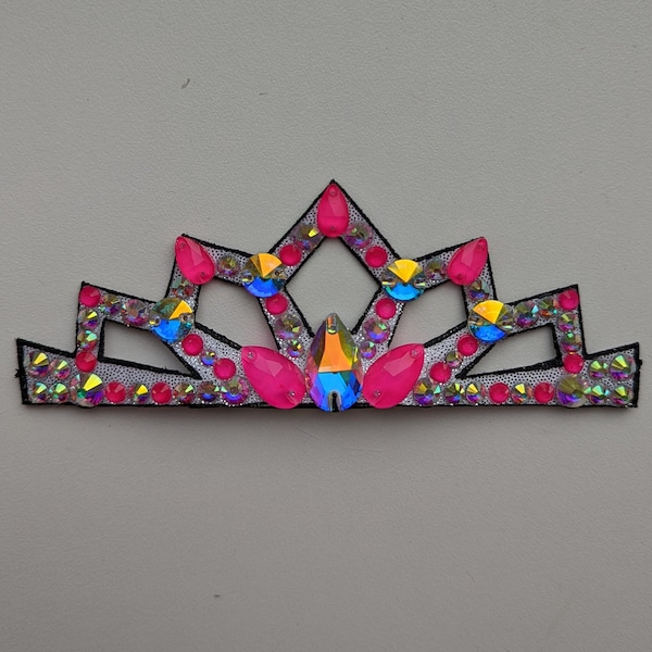 Hair accessories for rhythmic gymnastics. Crown, premium AB crystals, pink neon.