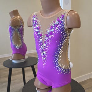 Peut inclure: Un justaucorps violet sans manches avec des empi&egrave;cements en maille beige au niveau de l'encolure et sur les c&ocirc;t&eacute;s. Le v&ecirc;tement est orn&eacute; de nombreux cristaux transparents et violets dispos&eacute;s en forme de V sur le devant et les c&ocirc;t&eacute;s.