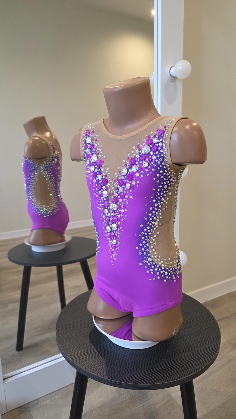 Peut inclure: Un justaucorps violet sans manches avec des empi&egrave;cements en maille beige au niveau de l'encolure et sur les c&ocirc;t&eacute;s. Le v&ecirc;tement est orn&eacute; de nombreux cristaux transparents et violets dispos&eacute;s en forme de V sur le devant et les c&ocirc;t&eacute;s.