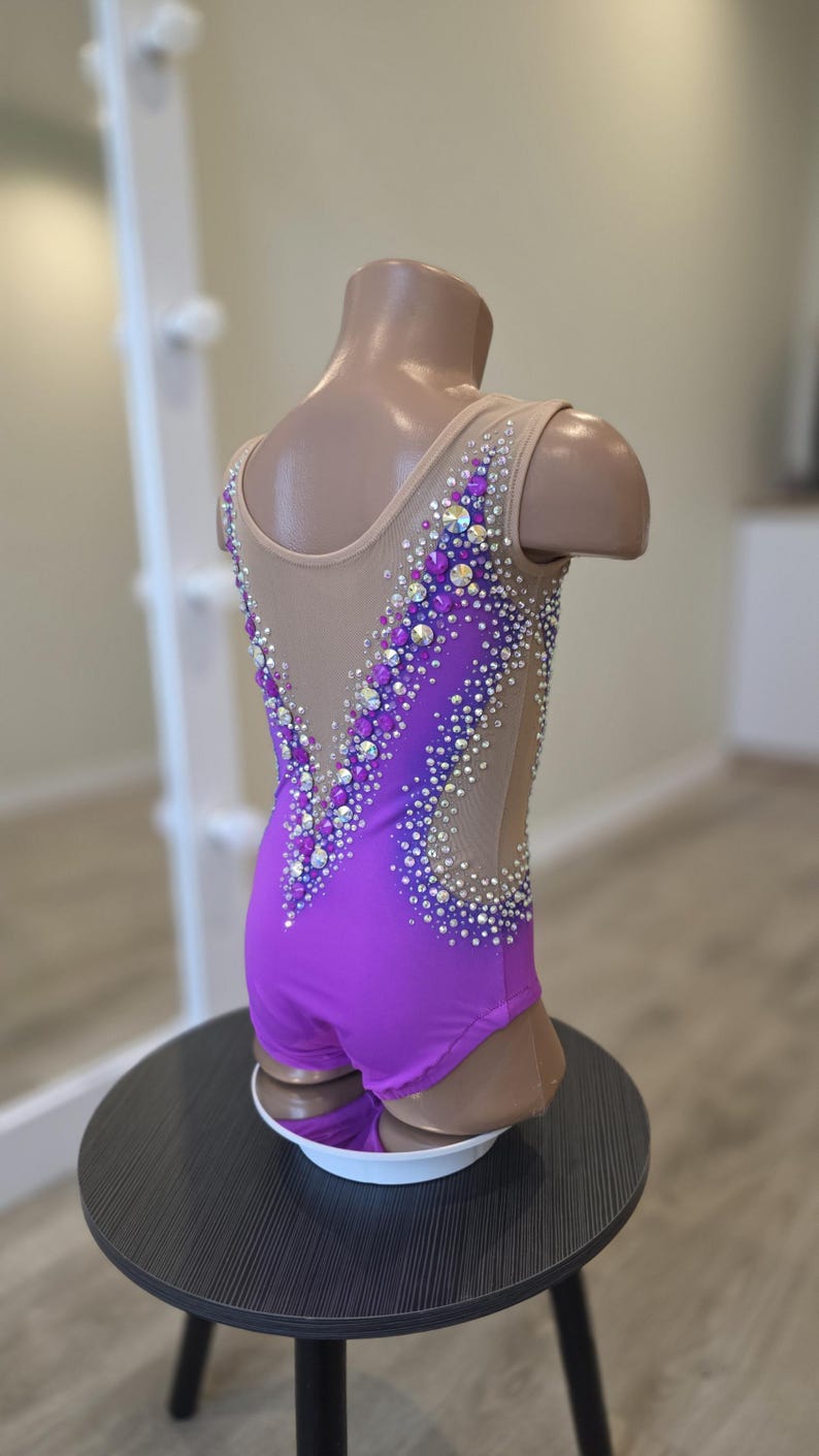 Peut inclure: Un justaucorps sans manches avec une base en tissu violet vif et des empi&egrave;cements lat&eacute;raux en maille nude. Le v&ecirc;tement est orn&eacute; d'un motif en V compos&eacute; de cristaux transparents et violets &eacute;tincelants le long de l'encolure.