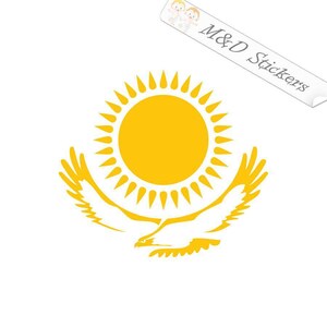 May include: A yellow stylized sun with rays and a stylized eagle flying below. The sun and eagle are the national symbol of Kazakhstan.