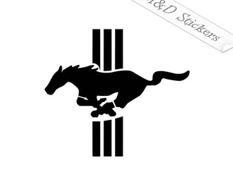 May include: Black and white silhouette of a running horse with three vertical stripes behind it. The horse is facing left and has a long tail. The image is a logo for the Ford Mustang.