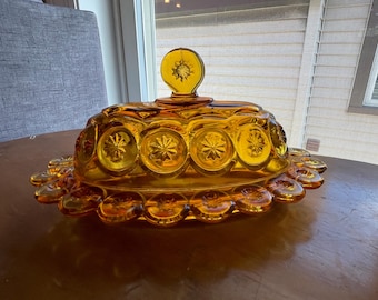 LE Smith Amber glass Butter Dish with lid Moon and Stars collection