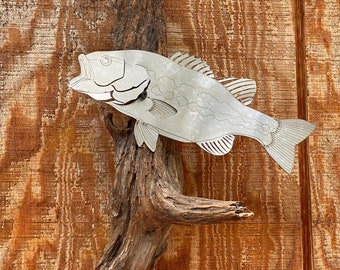Metal Smallmouth Bass on Driftwood - Unique Art (Medium)