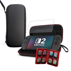 May include: A black Nintendo Switch console with the text "02 SWITCH" on the screen, inside a black carry case. A red game cartridge holder with six game cartridges is in front of the console. A screen protector is also included.