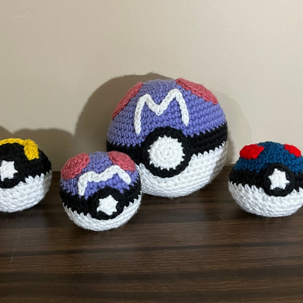 Crochet Amigurumi Pokeball Standard - Poke Ball, Great Ball, Ultra Ball Master Ball - Standard Set