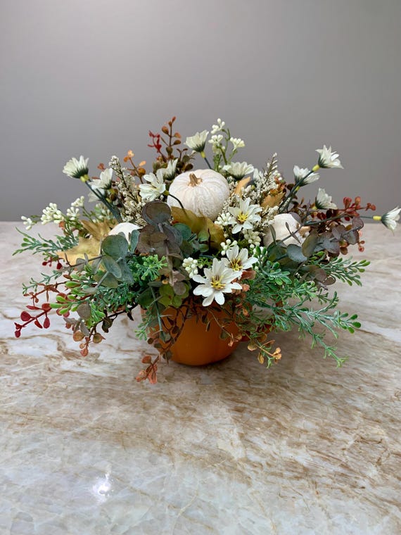 Small Pumpkin Arrangement-Fall Pumpkin Mug Arrangement-Faux Autumn Floral Centerpiece-Autumn Leaves, Pumpkins and Flowers Arrangement