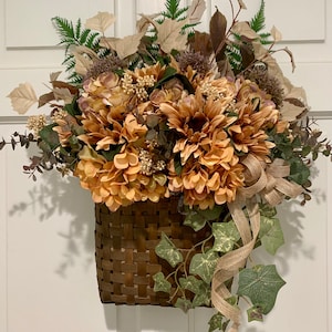 Fall Hydrangea, Birch Branch and Sunflower Door Basket-Autumn Door Wreath-Modern Farmhouse Fall Door Basket-Fall Door Basket Wreath