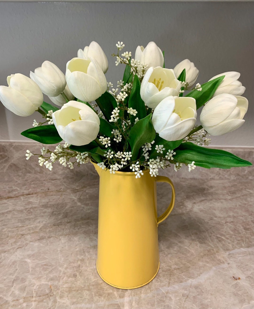 Spring White Tulip Arrangement in Yellow Pitcher-country - Etsy