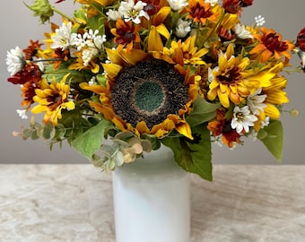 Sunflower Arrangement-Wild Daisy, Sunflower & Eucalyptus Centerpiece-Everyday Sunflower Arrangement-Sunflower Arrangement Enamelware Planter