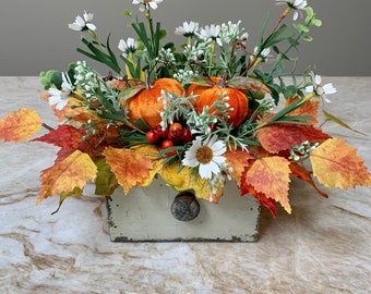 Small Modern Farmhouse Fall Arrangement-Fall Gray Vintage Drawer Arrangement-Autumn Leaves & Pumpkin Arrangement-Fall Centerpiece