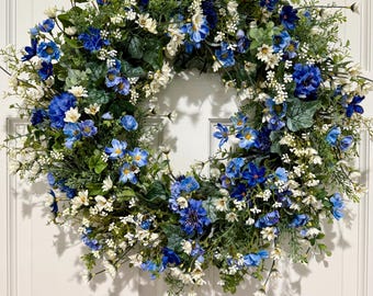 Blue & White Flower Wreath-Blue French Country Door Wreath-Blue and White Daisy-Cosmos-Bachelor Button-Eucalyptus-Ivy-Tea Leaf-Berry Wreath