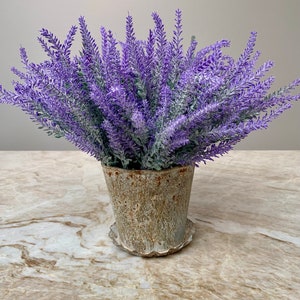 Small Modern Farmhouse Lavender Arrangement-Faux Lavender Centerpiece- Charming Farmhouse Arrangement in Vintage/Rustic Looking Metal Pot