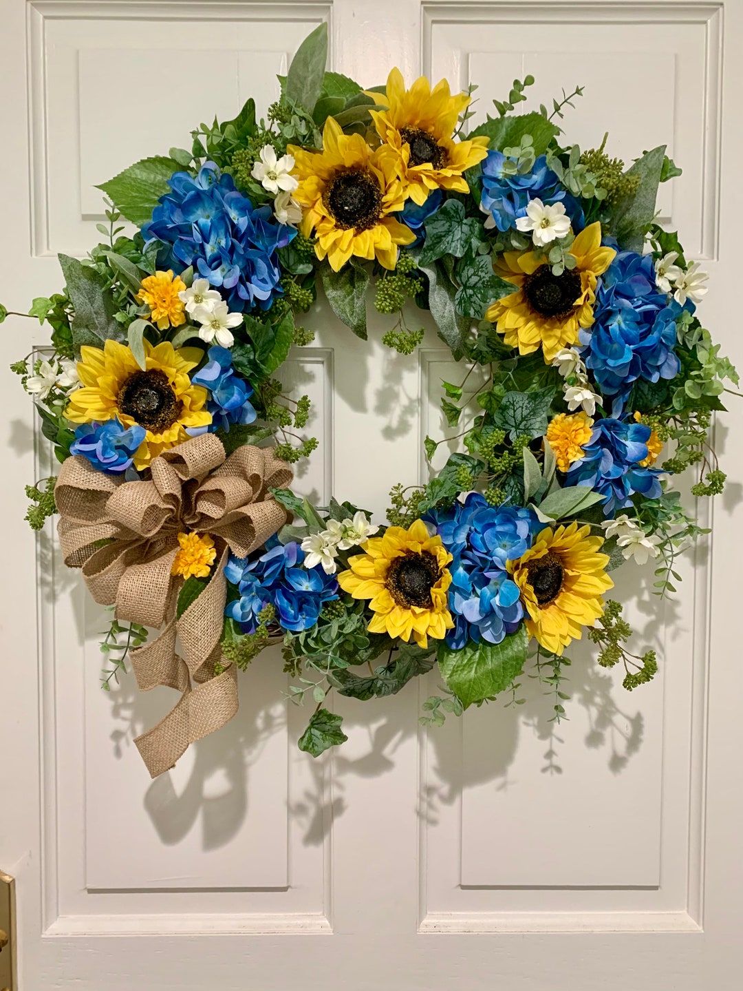 Sunflower &amp; Blue Hydrangea Wreath-spring/summer Wreath-everyday Faux ...