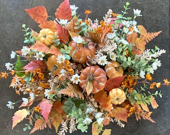Farmhouse Fall Pumpkin Arrangement in Wooden Crate