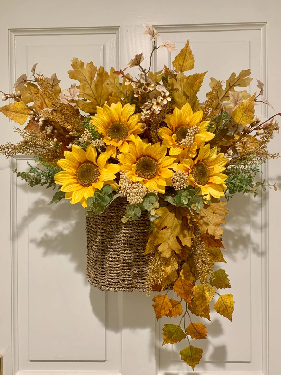 Large Fall Modern Farmhouse Sunflower Door Basket Wreath-faux Sunflower ...
