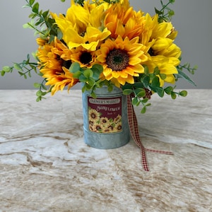 Sunflower Arrangement in Galvanized Metal Planter With Sweet Farmers Market Label-Modern Farmhouse Arrangement-Faux Sunflower Centerpiece