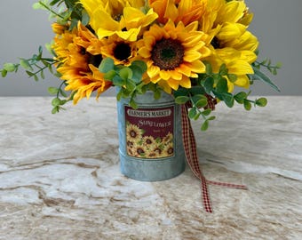 Faux Sunflower Arrangement: Galvanized Planter, Farmhouse Decor