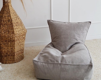 Sillón puf de pana gris para niños / Puf de suelo / Tumbona bohemia / Asiento grande para niños / Cojín acogedor para sala de juegos / Sillón puf