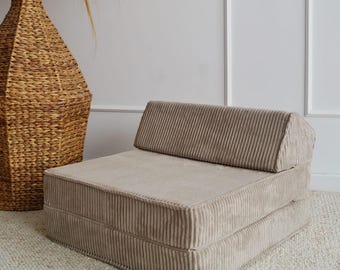 Sofa leżanka dla dzieci 3 w 1 z pianki – beżowy fotel z kordu, składana kanapa dla malucha, meble do pokoju zabaw