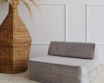 Sofa leżanka dla dzieci 3 w 1 z pianki – szary sztruksowy fotel, składana kanapa dla malucha, meble do pokoju zabaw