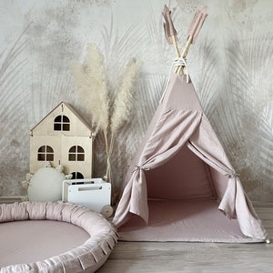 Natural Linen Cotton Tipi Teent | Teepee for kids | Many colors Pink, Blue, Mint, Gray