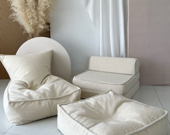 Puff BOUCLE para niños / Cojín de suelo / Sillón puff / Tumbona bohemia / Puff de suelo / Puff grande para descansar / Cojín de suelo